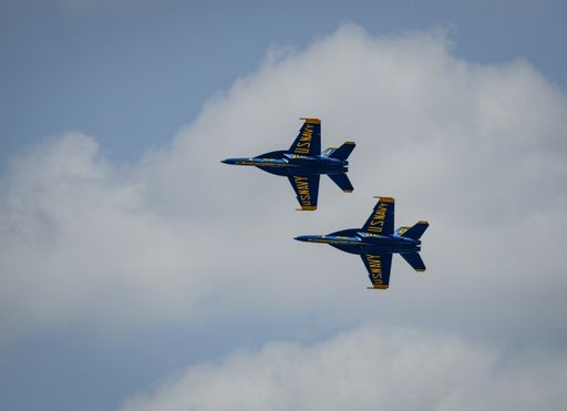 The United States Navy Blue Angel jets perform during a demonstration while flying in formation