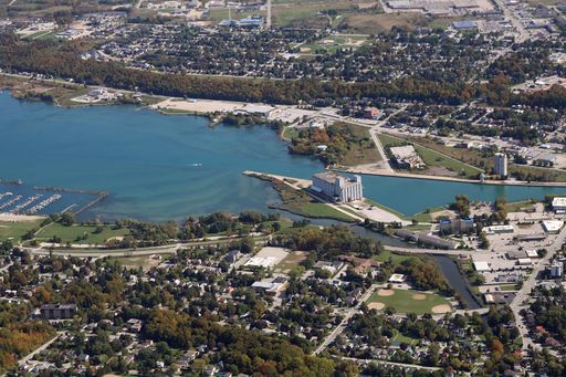 Looking down from a small airplane on Owen Sound, Ontario, Canada on a sunny fall day.