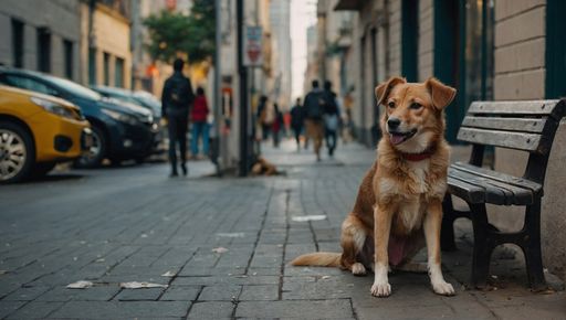 A brown and white dog sitting on a sidewalk