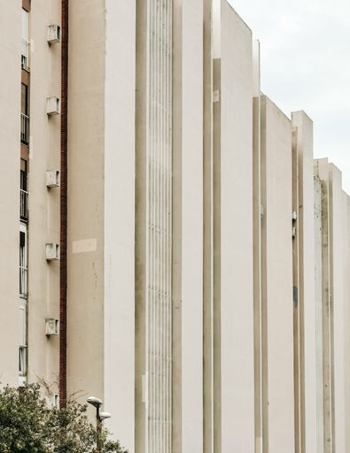Low angle view of apartment blocks in residential district called Split3 in Trstenjak area of Split, Croatia. An example of brutalist architecture.
