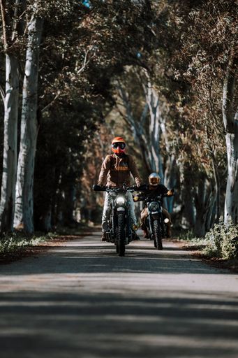 Motorcyclists riding down street with lush foliage in background