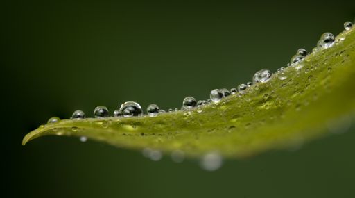A macro shot of small, transparent dewdrops on a green leaf