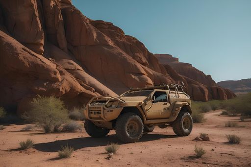 A military truck drives through a desert landscape with rocky mountains