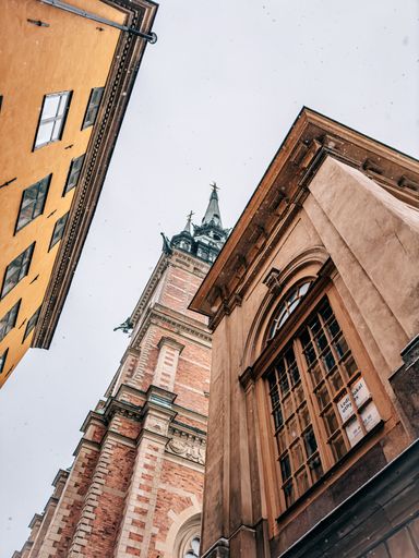 Looking up in Stockholm old town center, Gamla Stan with 17th- and 18th-century buildings