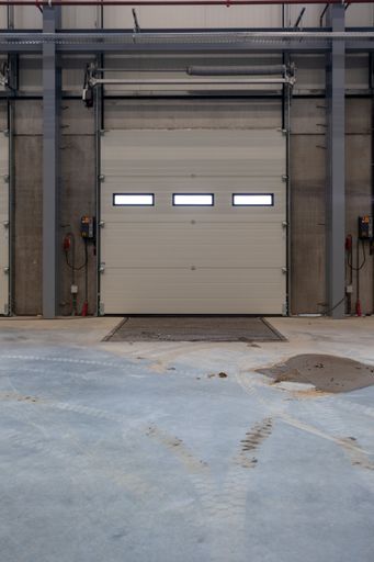 A vertical shot of a single loading door at a warehouse