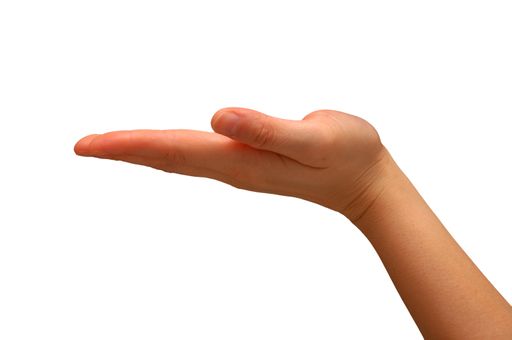 A closeup of an outstretched hand signaling " in support of something" isolated on a white background with free space for text