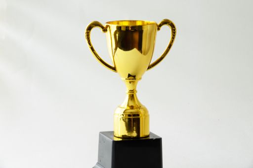 A golden trophy atop sleek black stand