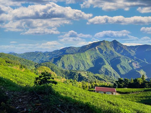 A cabin in a Grassy field and mountains under cloudy sky