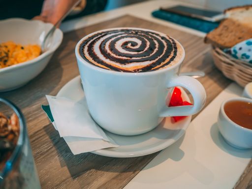 A closeup shot of a cappuccino with chocolate patterns