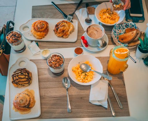 An overhead shot of different types of desserts on the table