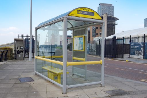 A bus stop and shelter by the cruise ship dock Liverpool, UK