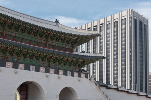A closeup of the Gwanghwamun Gate, a largest gate of Gyeongbokgung Palace in Seoul, South Korea