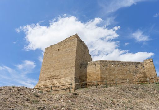 The Castle of San Vicente de la Sonsierra in Rioja, captured on a sunny day with a clear blue sky, is showcased in a photo taken from a low angle