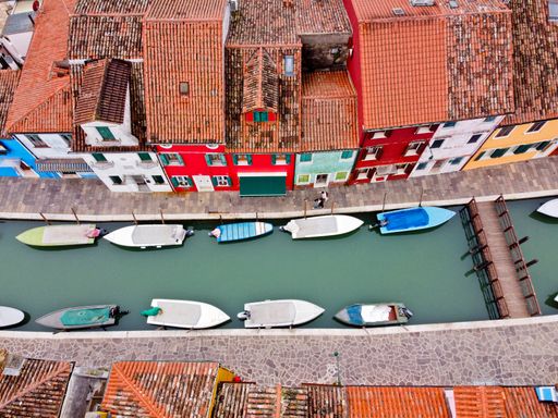 An aerial view of colored houses in Burano, Italy.