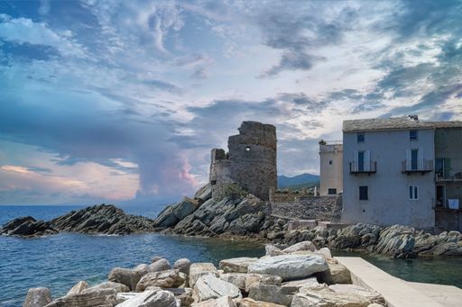 Corsica, Erbalunga, typical houses in the harbor in summer