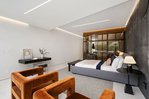 An interior shot of a bedroom of a modern house in Los Angeles