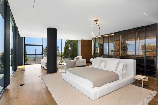 An interior shot of a bedroom of a modern house in Los Angeles
