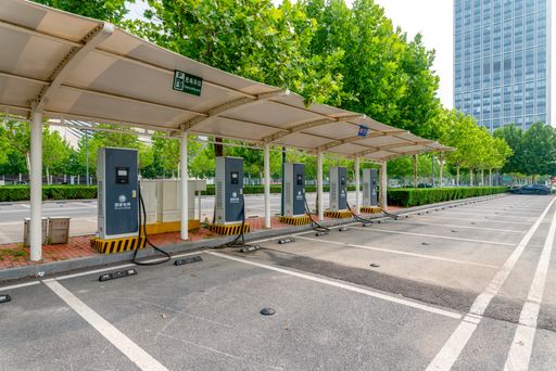 Electricity car recharging station in the modern city of Dalian, China.