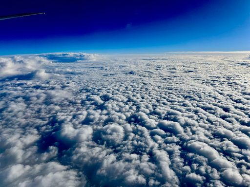 The plane flying above the clouds in the blue sky