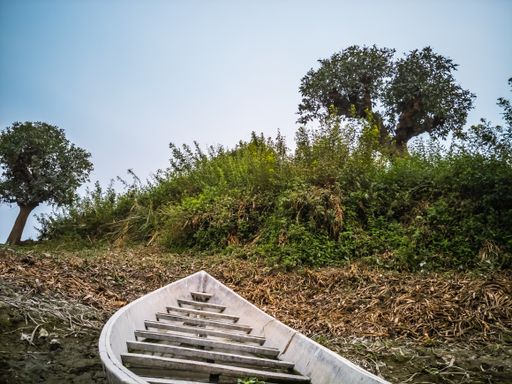 A wooden boat on a gloomy lakeshore