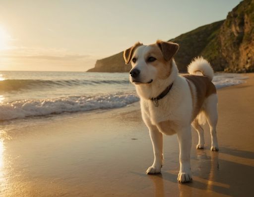 A dog on beach with sun setting in background