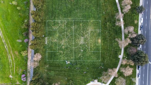 An aerial view of a park soccer field in Elk Grove, CA.
