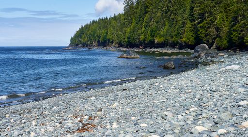 A scenic view of the deep blue ocean near Mystic Beach in Canada