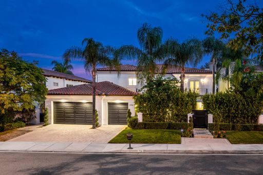 A modern house facade at dusk with palm trees