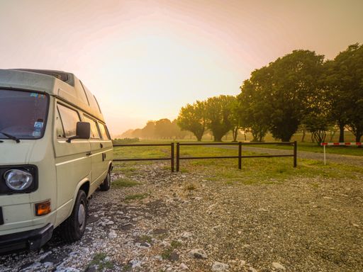 waking up relaxed in a vintage  camper van bus on the po river