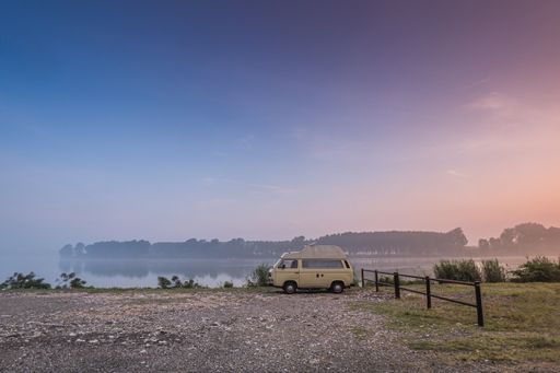 waking up relaxed in a vintage  camper van bus on the po river