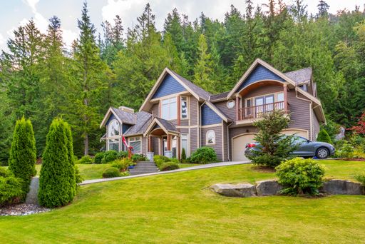 Suburban house surrounded by evergreen trees and shrubs