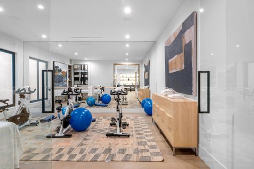 A tidy gym room with exercise equipment and blue balls on the floor.