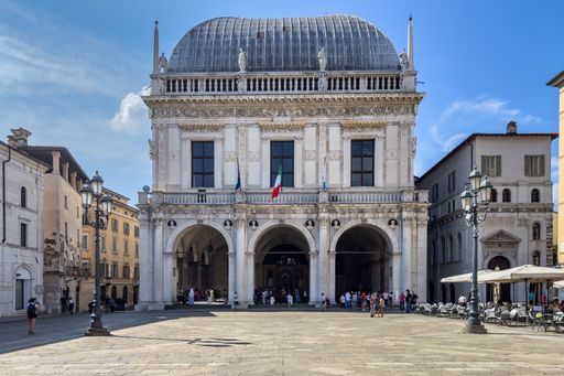 Brescia, Italy, Sept. 2023. Loggia Square with Palazzo della Loggia, a fine example of Renaissance style building, currently used as town hall
