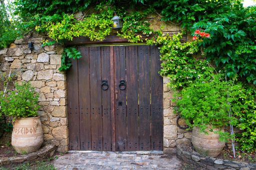 Traditional wooden door in stone wall and intense green vegetation, dusk, backdrop taken from a fairy tale