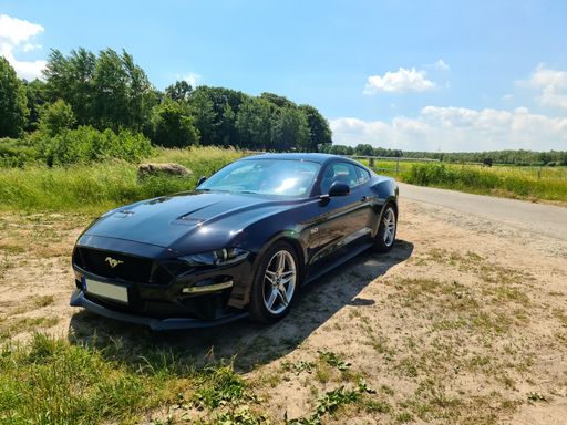 Side view on a black Ford Mustang Model 2018 in front of a northern germany landscapes