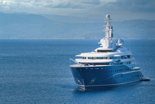 the luxury boat of the Sheikh of Qatar, at Koukounaries beach, Skiathos, Greece. The luxury yacht "Al Mirqab" is 133 meters long