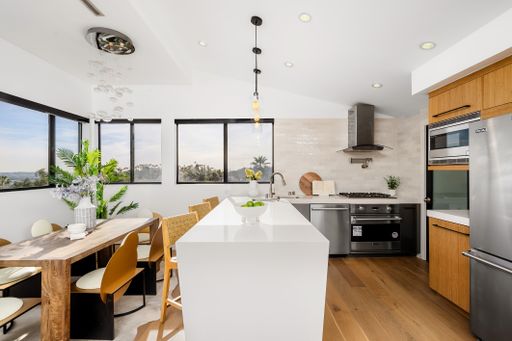 A modern Hollywood Hills home kitchen in Los Angeles, California, with a remodel of an older house