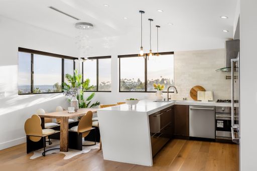 A modern Hollywood Hills home kitchen in Los Angeles, California, with a remodel of an older house