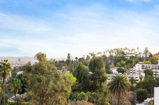 An aerial view of modernized Hollywood Hills residences in Los Angeles, California