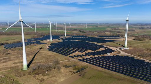 The Wind turbines and "Electrum" solar park in Taurage, Lithuania