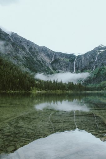 A vertical shot of the Avalanche Lake near a forest with a mountain in the background at Glacier National Park, Montana, USA