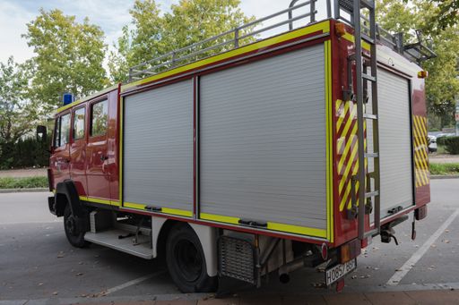 Rear view of the Mercedes Benz 814 LF8 fire truck used by the Feuerwehr Aichwald, a fire station in Germany, 1986 model with Ziegler chassis