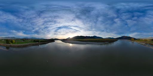 A panoramic view of Fraser River in British Columbia, Canada at sunset
