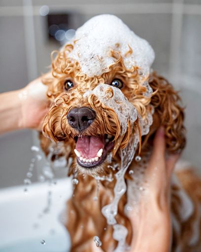 A portrait of dog, a happy poodle in bathroom, bathing, with bubbles on head
