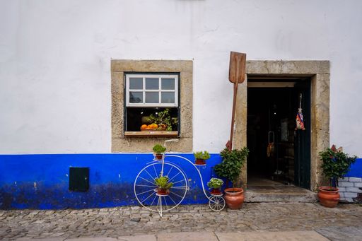 An old house with white and blue walls surrounded by plants in Obidos in Portugal