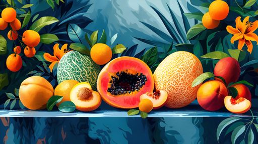 An oil painting of assorted tropical fruits on a table