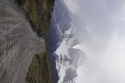 A vertical of Torres del Paine, Chile on a foggy day