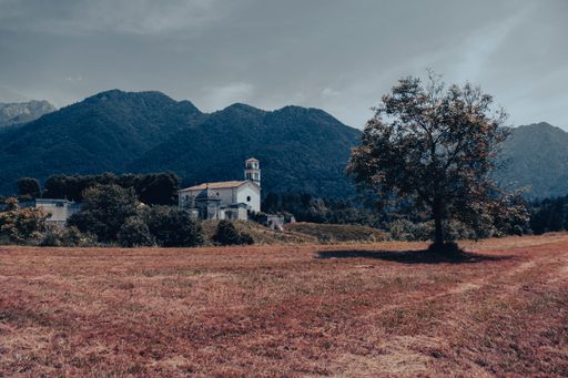 A white church surrounded by green dense forests in a mountainous area