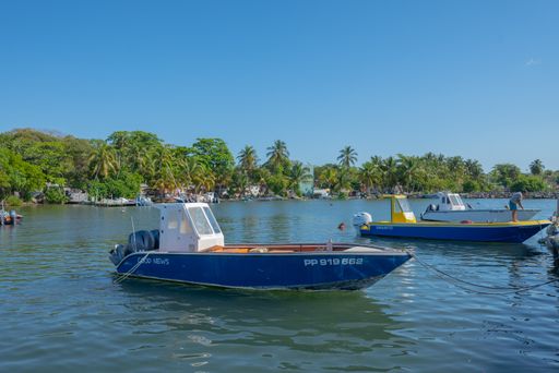 Several small boats are moored in the center of a lake
