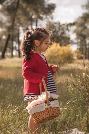 A little girl with flower basket in a field with blurred grass in the background
